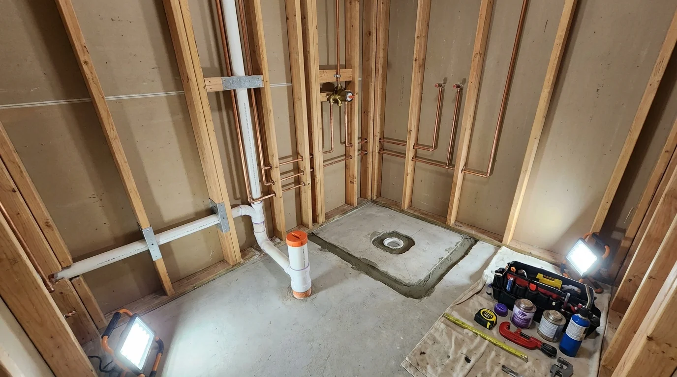 Bathroom rough-in plumbing during remodel by Johns Plumbing LLC in Chrisman