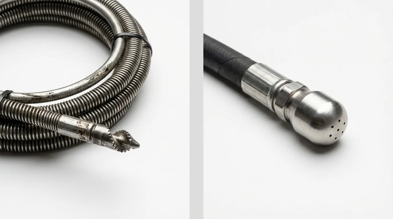 Drain snake cable and hydro jetting nozzle used for drain cleaning in Chrisman, IL