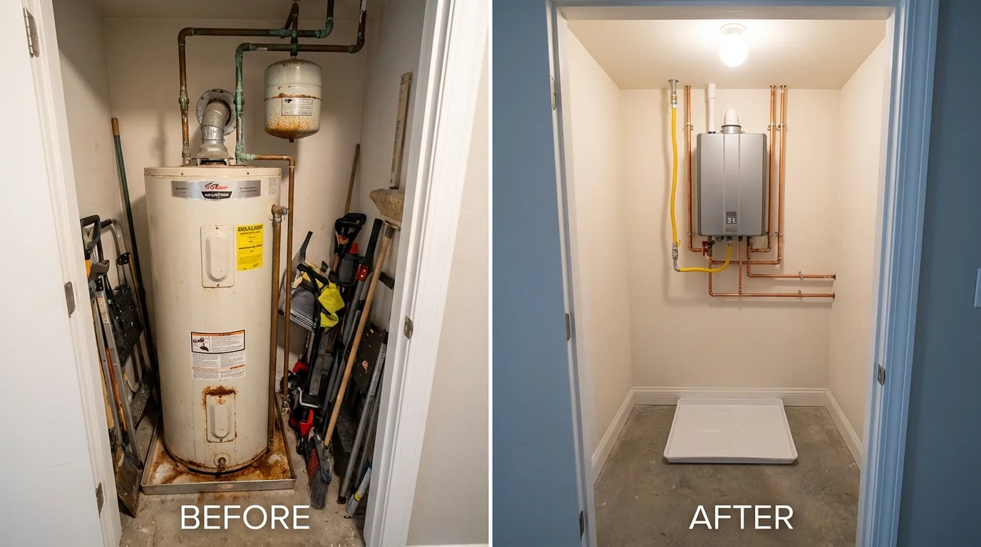 Tank water heater versus wall-mounted tankless unit comparison for Chrisman, IL homeowners
