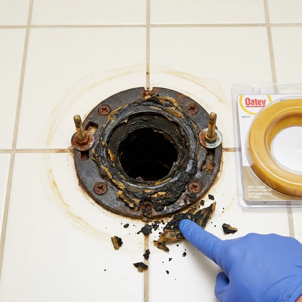 Failed wax ring showing water seepage at the base of a toilet in a Chrisman, IL home