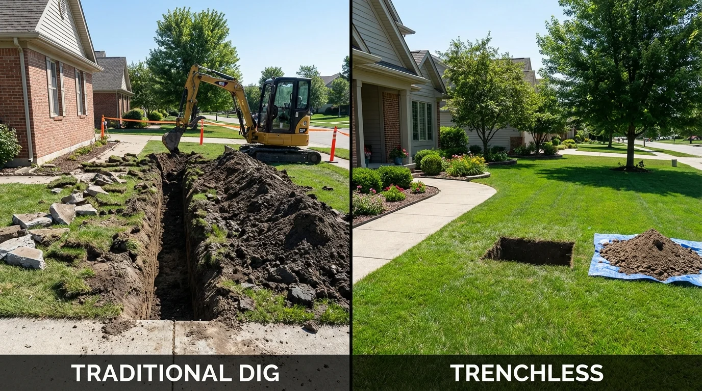 Trenchless sewer repair with minimal yard damage versus traditional excavation in Chrisman, IL